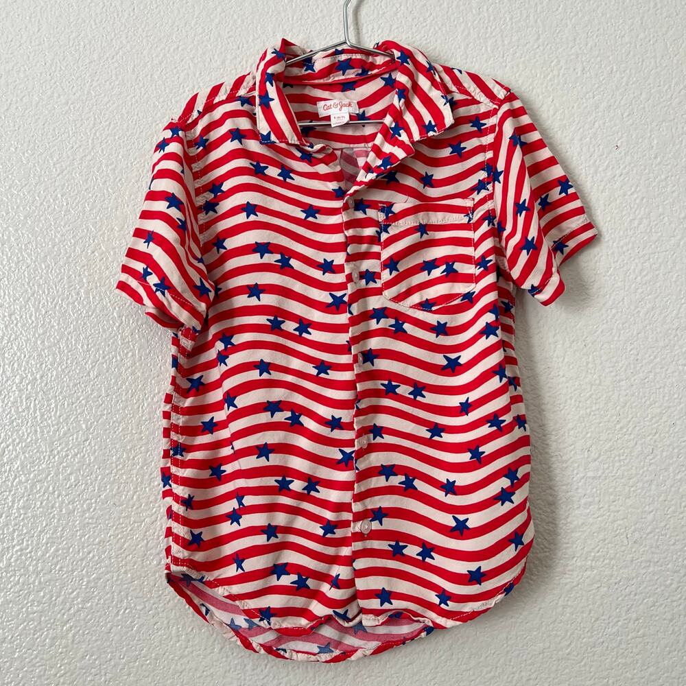 Cat & Jack stars and stripes button up collared shirt short sleeve red blue